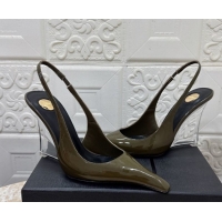 Best Grade Saint Laurent Pointy Slingback Wedge Pumps 10.5cm in Patent Leather Green 1028090