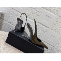 Best Grade Saint Laurent Pointy Slingback Wedge Pumps 10.5cm in Patent Leather Green 1028090