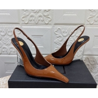 Duplicate Saint Laurent Pointy Slingback Wedge Pumps 10.5cm in Patent Leather Brown 1028091