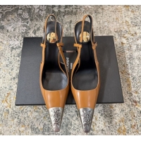 Grade Quality Saint Laurent Slingback Pumps 10.5cm in Shiny Leather Orange/Silver 1028100