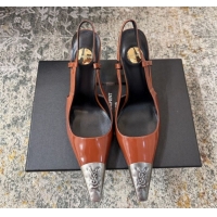 Pretty Style Saint Laurent Slingback Pumps 10.5cm in Shiny Leather Brown/Silver 1028103