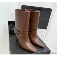 1:1 aaaaa Saint Laurent Niki Heel Ankle Boots 10cm with YSL Strap in Calf Leather Brown 1028117
