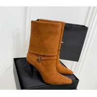 Charming Saint Laurent Niki Heel Ankle Boots 10cm with YSL Strap in Calf Leather Brown 1028119