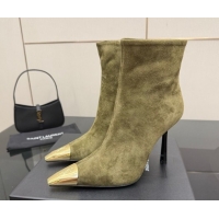 Stylish Saint Laurent Suede Heel Ankle Boots 11cm with Metallic Point Green 1028120