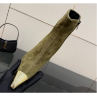 Stylish Saint Laurent Suede Heel Ankle Boots 11cm with Metallic Point Green 1028120