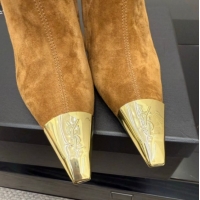 Good Quality Saint Laurent Suede Heel Ankle Boots 11cm with Metallic Point Brown 1028121