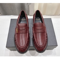Low Price Saint Laurent Le Loafers Penny Slippers in Calf Leather Burgundy 1028124