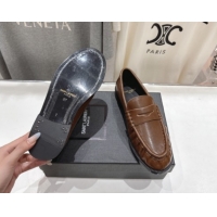Low Cost Saint Laurent Le Loafers Penny Slippers in Calf Leather Dark Brown 1028126