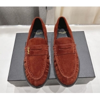 Buy Luxury Saint Laurent Le Loafers Penny Slippers in Suede Dark Brown 1028127