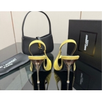 Buy Discount Saint Laurent Deroche Heel Slingbacks Pump 10.5cm in Mesh and Satin Yellow YSL121201 1212059