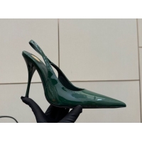 Pretty Style Saint Laurent Deroche Heel Slingbacks Pump 10.5cm in Patent Leather Dark Green YSL121201 1212068
