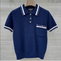 Luxury Cheap Chanel Cotton Cashmere Polo Shirt CH122704 Blue 2025