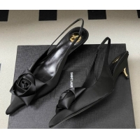 Sumptuous Saint Laurent DAKOTA Heel Slingbacks Pump 5.5cm in Satin Crepe with Square Rose Black 1212079