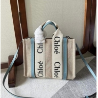 Famous Brand Chloe Woody Canvas Small Tote Bag with Strap 6062 Light Blue 2024