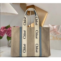 Inexpensive Chloe Large Woody Tote Bag in Linen Canvas and Calfskin Leather 1120 Denim Blue 2025