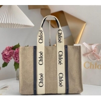 Promotional Chloe Large Woody Tote Bag in Linen Canvas and Calfskin Leather 1120 Dark Blue 2025