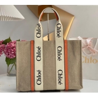 Best Quality Chloe Large Woody Tote Bag in Linen Canvas and Calfskin Leather 1120 Orange 2025