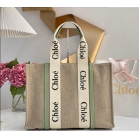 Trendy Design Chloe Large Woody Tote Bag in Linen Canvas and Calfskin Leather 1120 Light Green 2025