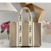 Promotional Chloe Large Woody Tote Bag in Linen Canvas and Calfskin Leather 1120 White 2025
