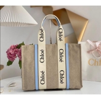Famous Brand Chloe Large Woody Tote Bag in Linen Canvas and Calfskin Leather 1120 Light Blue 2025