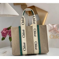 Super Quality Chloe Large Woody Tote Bag in Linen Canvas and Calfskin Leather 1120 Dark Green 2025