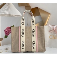 Big Discount Chloe Large Woody Tote Bag in Linen Canvas and Calfskin Leather 1120 Light Pink 2025