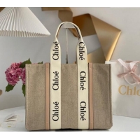 Luxury Discount Chloe Large Woody Tote Bag in Linen Canvas and Calfskin Leather 1120 Beige 2025