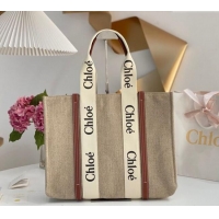 Unique Style Chloe Large Woody Tote Bag in Linen Canvas and Calfskin Leather 1120 Brown 2025