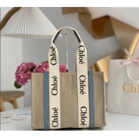 Best Price Chloe Medium Woody Tote Bag in Linen Canvas and Calfskin Leather 1120 Denim Blue 2025