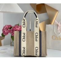 Luxury Cheap Chloe Medium Woody Tote Bag in Linen Canvas and Calfskin Leather 1120 Dark Blue 2025
