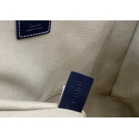 Luxury Cheap Chloe Medium Woody Tote Bag in Linen Canvas and Calfskin Leather 1120 Dark Blue 2025