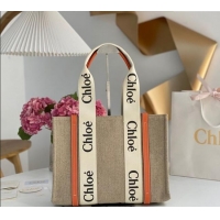 Good Quality Chloe Medium Woody Tote Bag in Linen Canvas and Calfskin Leather 1120 Orange 2025