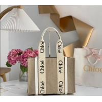Big Discount Chloe Medium Woody Tote Bag in Linen Canvas and Calfskin Leather 1120 White 2025