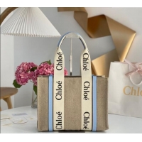 Famous Brand Chloe Medium Woody Tote Bag in Linen Canvas and Calfskin Leather 1120 Light Blue 2025