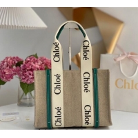 Best Product Chloe Medium Woody Tote Bag in Linen Canvas and Calfskin Leather 1120 Dark Green 2025