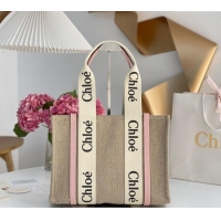 Best Quality Chloe Medium Woody Tote Bag in Linen Canvas and Calfskin Leather 1120 Light Pink 2025