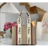 Top Design Chloe Medium Woody Tote Bag in Linen Canvas and Calfskin Leather 1120 Brown 2025