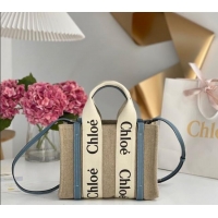 Low Cost Chloe Small Woody Tote Bag in Linen Canvas and Calfskin Leather 1120 Denim Blue 2025