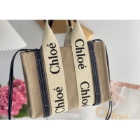 Top Grade Chloe Small Woody Tote Bag in Linen Canvas and Calfskin Leather 1120 Dark Blue 2025