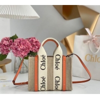 Luxury Discount Chloe Small Woody Tote Bag in Linen Canvas and Calfskin Leather 1120 Orange 2025