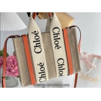 Luxury Discount Chloe Small Woody Tote Bag in Linen Canvas and Calfskin Leather 1120 Orange 2025