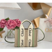 Super Quality Chloe Small Woody Tote Bag in Linen Canvas and Calfskin Leather 1120 Light Green 2025