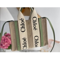 Super Quality Chloe Small Woody Tote Bag in Linen Canvas and Calfskin Leather 1120 Light Green 2025