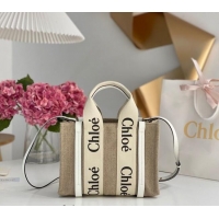 Good Taste Chloe Small Woody Tote Bag in Linen Canvas and Calfskin Leather 1120 White 2025