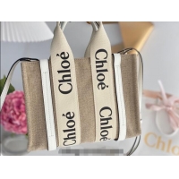 Good Taste Chloe Small Woody Tote Bag in Linen Canvas and Calfskin Leather 1120 White 2025