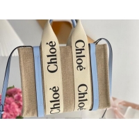 Unique Grade Chloe Small Woody Tote Bag in Linen Canvas and Calfskin Leather 1120 Light Blue 2025