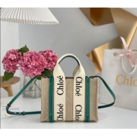 Affordable Price Chloe Small Woody Tote Bag in Linen Canvas and Calfskin Leather 1120 Dark Green 2025