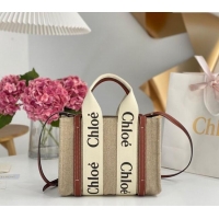 Best Quality Chloe Small Woody Tote Bag in Linen Canvas and Calfskin Leather 1120 Brown 2025