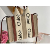 Best Quality Chloe Small Woody Tote Bag in Linen Canvas and Calfskin Leather 1120 Brown 2025