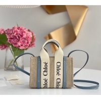 Shop Grade Chloe Mini Woody Tote Bag in Linen Canvas and Calfskin Leather 1120 Denim Blue 2025
